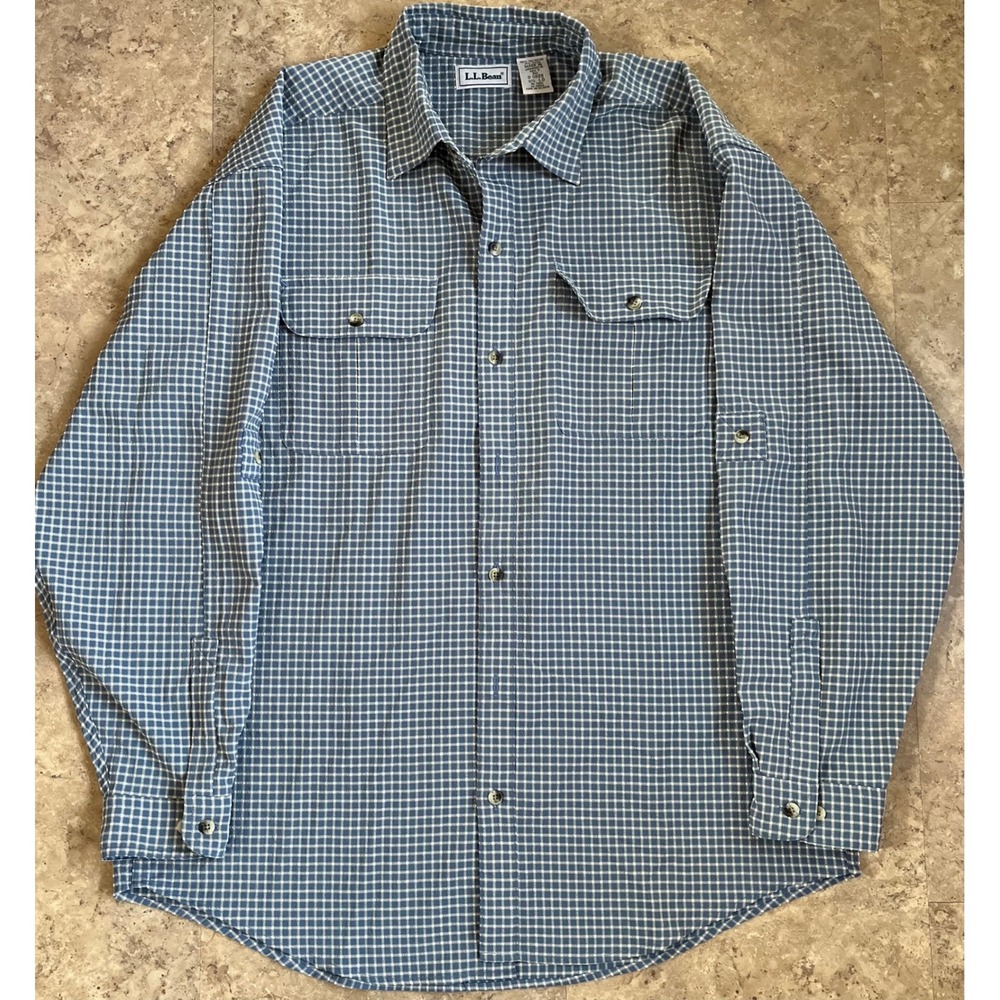 LLBean Mens Large Plaid Button Down Long Sleeve Shirt Blue White Gingham Check - Picture 2 of 7